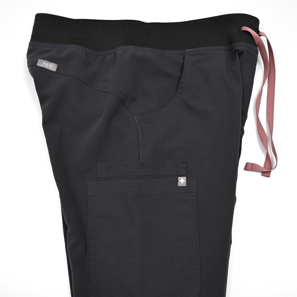 Figs Kade Cargo Women's Straight Leg Pants in Black with Pink Drawstring